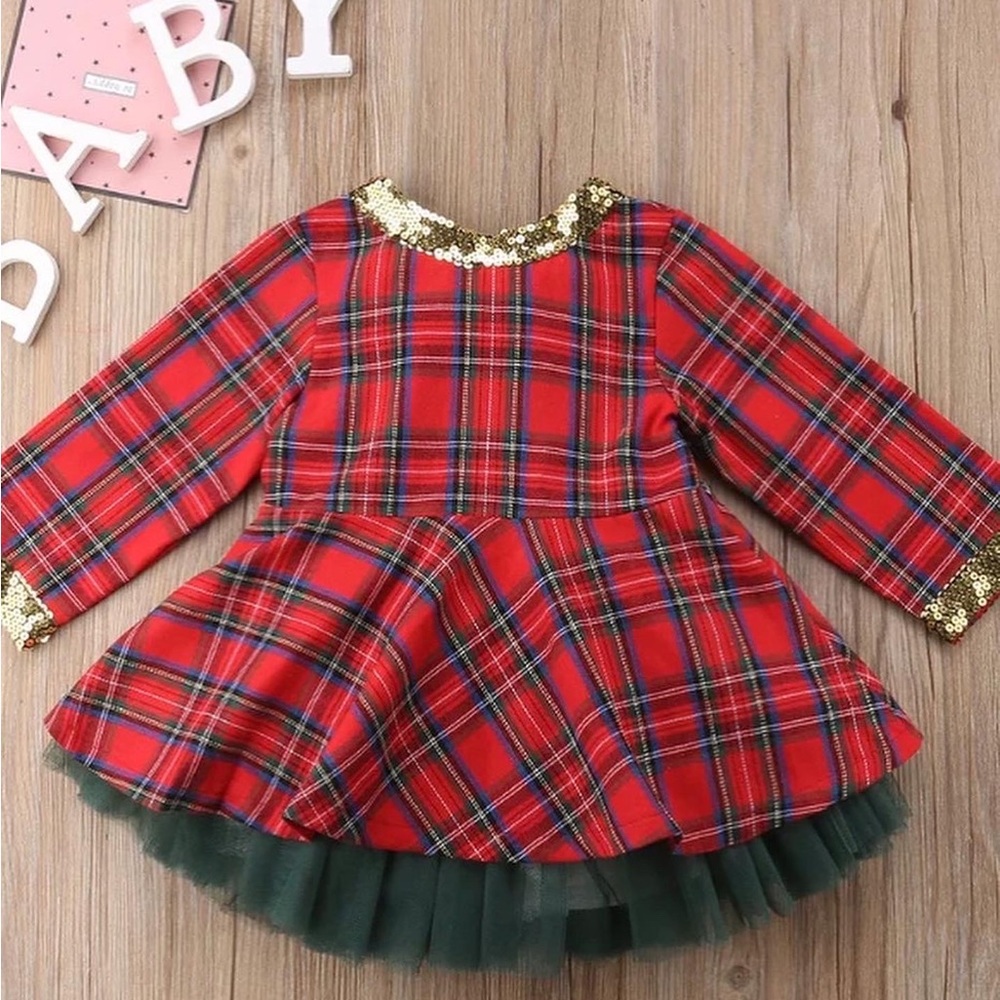 Christmas Plaid 🎄❤️💚Two Set Tulle Sequins Dress (Toddler Girl)